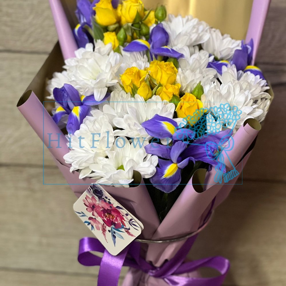 Букет цветов из: Хризантемы, Розы и Ирисы